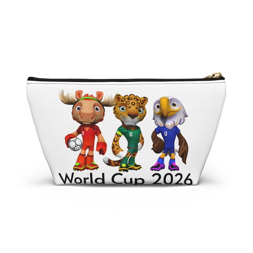 Bolsa de accesorios con mascota de fútbol. Neceser con base plana para aficionados y niños