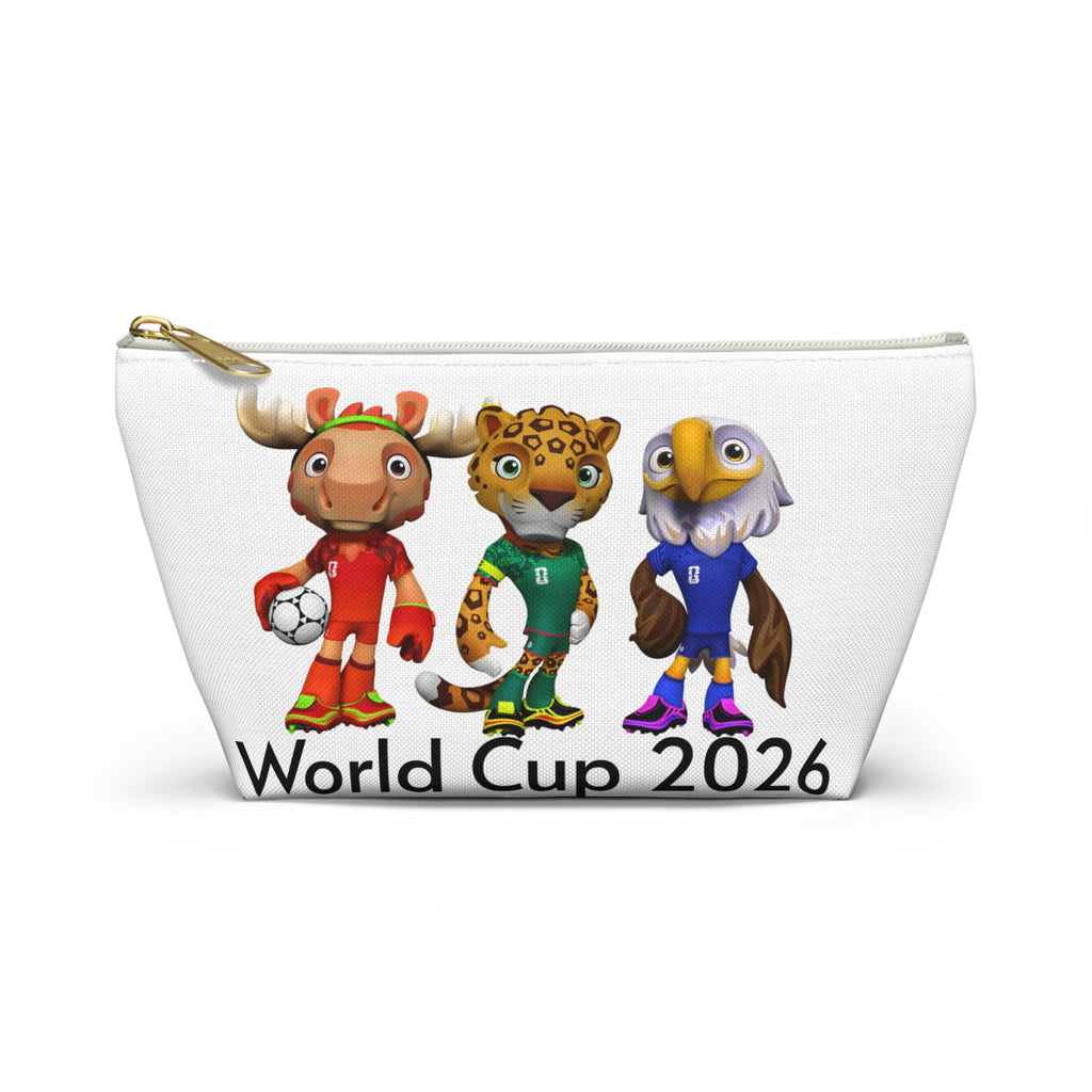 Bolsa de accesorios con mascota de fútbol. Neceser con base plana para aficionados y niños