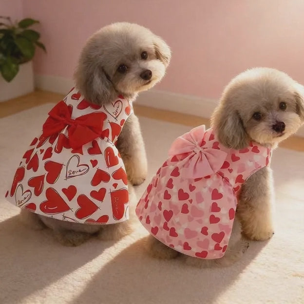 Vestido de princesa para perros con estampado de corazones y pajarita.